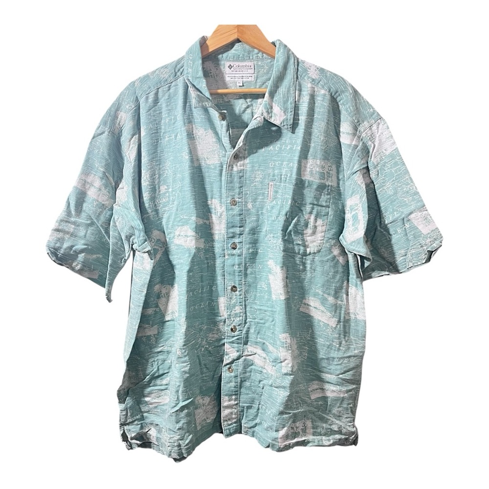 Columbia Mens XXL Teal Tropical Hawaiian Button Up Shirt Short Sleeve Fishing